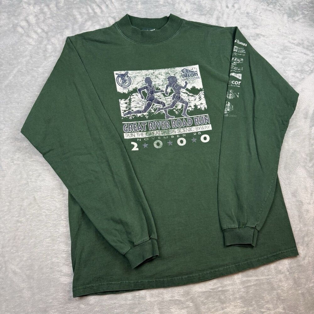 Vintage 2000 Great River Road Run Long Sleeve T Shirt Green XL USA